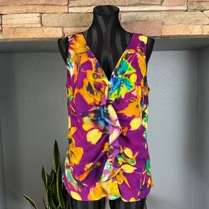 ST JOHN Silk Romantic Ruffle Floral Blouse Top Art to Wear Maximalist Purple 12